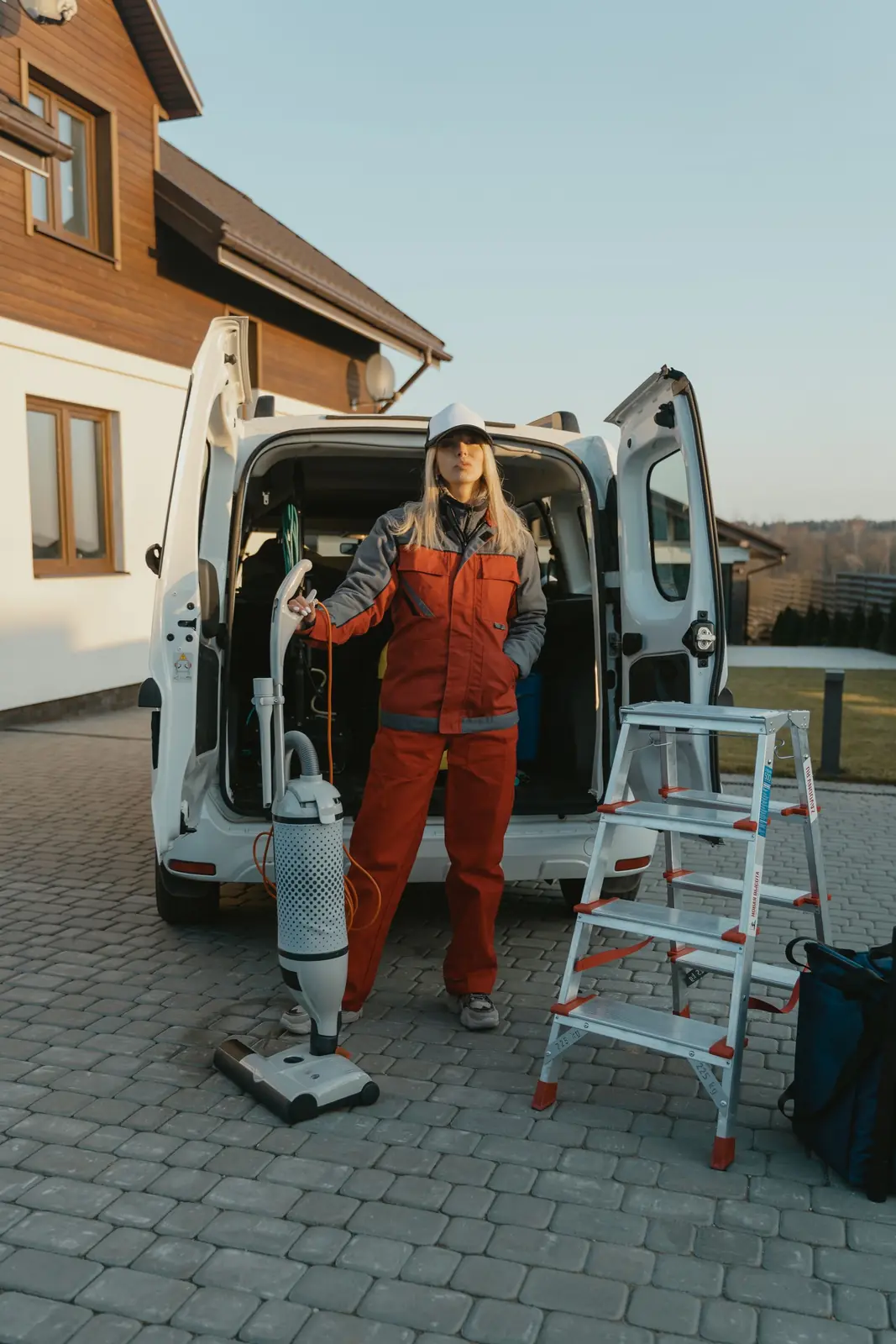 House cleaner with equipment beside a service van outside a home