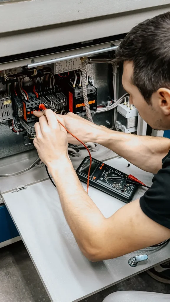 Electrician testing an open panel with a multimeter