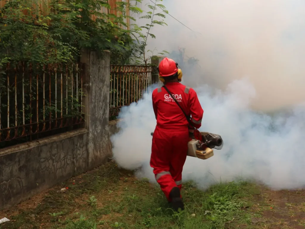 Pest control technician fogging a backyard